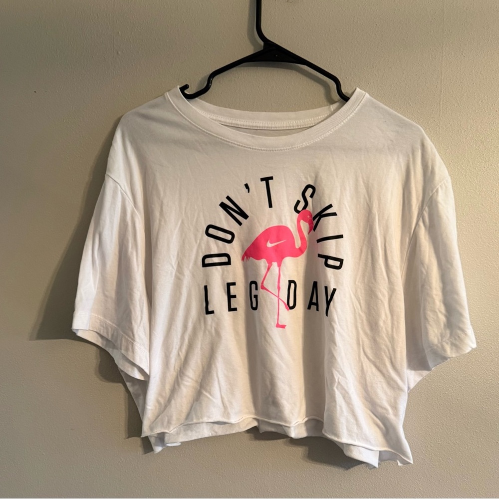 Nike Dri-Fit Don't Skip Leg Day Flamingo Crop Short Sleeve T Shirt XL White